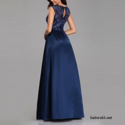 Бална Дълга Тъмносиня Рокля Сатен Блестящо Бюстие