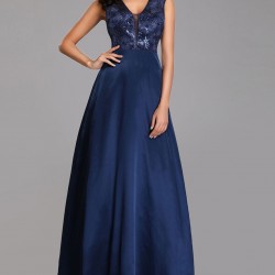 Бална Дълга Тъмносиня Рокля Сатен Блестящо Бюстие