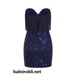 Блестяща Къса Синя Рокля Пайети Ресни Блестяща Къса Синя Рокля Пайети Ресни