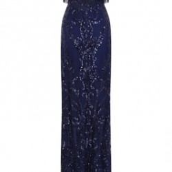 Бална Блестяща Дълга Тъмносиня Рокля Ресни