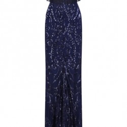 Бална Блестяща Дълга Тъмносиня Рокля Ресни