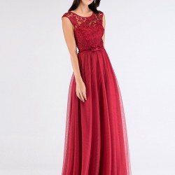 Бална Дълга Червена Рокля Тюл и Дантела Бална Дълга Червена Рокля Тюл и Дантела