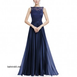Бална Тъмносиня Дълга Рокля Бюстие Дантела Пола Плисе Бална Тъмносиня Дълга Рокля Бюстие Дантела Пола Плисе