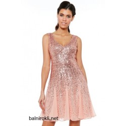 Блестяща Къса Рокля Прасковен Цвят Пайети