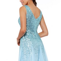 Елегантна Къса Рокля Светлосин Цвят Шифон и Пайети