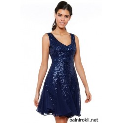 Блестяща Къса Тъмносиня Рокля Пайети Шифон