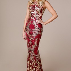 Бална Блестяща Луксозна Рокля Златно и Бордо