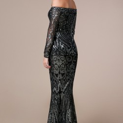 Абитуриентска Блестяща Дълга Рокля Сребристо и Черно