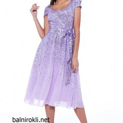 Елегантна Виолетова Коктейлна Рокля Пайети Средна Дължина