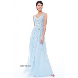 Бална Дълга Светлосиня Рокля Тюл и Пайети