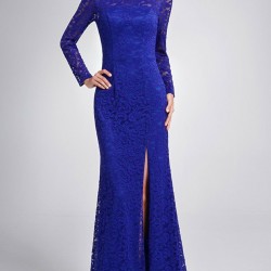 Абитуриентска Бална Дълга Рокля Синя Дантела Цепка