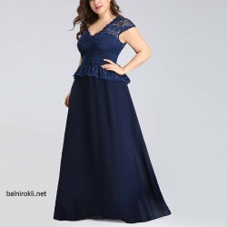 Абитуриентска Бална Рокля Макси Размери Тъмносиня Дантела и Шифон