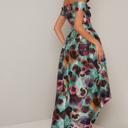 Асиметрична Коктейлна Рокля Флорален Принт Сатен