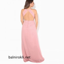 Дълга Розова Официална Рокля Гол Гръб Дълга Розова Официална Рокля Гол Гръб