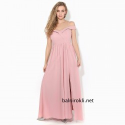 Дълга Розова Официална Рокля Шифон Цепка Цялостна Подплата