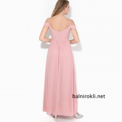 Дълга Розова Официална Рокля Шифон Цепка Цялостна Подплата