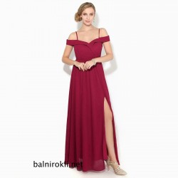 Дълга Червена Официална Рокля Шифон Цепка Цялостна Подплата