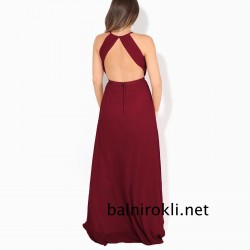 Бална Тъмночервена Официална Рокля Гол Гръб Бална Тъмночервена Официална Рокля Гол Гръб