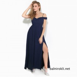 Дълга Тъмносиня Рокля Шифон Цепка Деколте