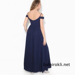 Дълга Тъмносиня Рокля Шифон Цепка Деколте