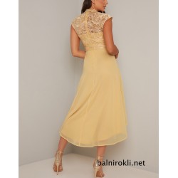 Бална Асиметрична Рокля Жълт Цвят Шифон Дантела Бална Асиметрична Рокля Жълт Цвят Шифон Дантела