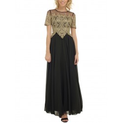 Дълга Официална Черна Рокля Шифон и Златиста Дантела