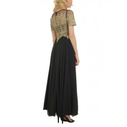 Дълга Официална Черна Рокля Шифон и Златиста Дантела