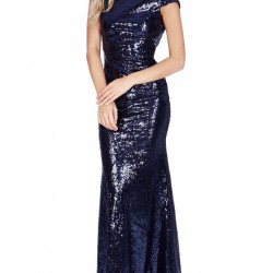 Блестяща Дълга Тъмносиня Рокля Гол Гръб