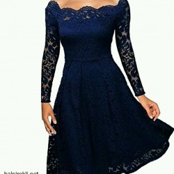 Дантелена Тъмносиня Рокля Ръкави Средна Дължина
