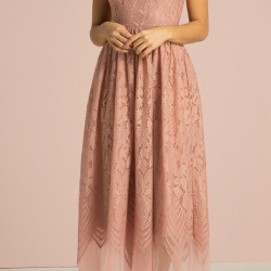 Бална Дълга Розова Официална Рокля Дантела