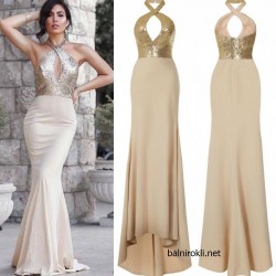 Дълга Секси Елегантна Рокля Капучино Златно Бюстие