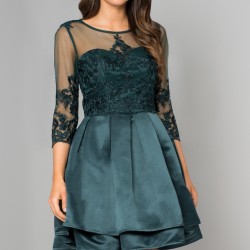 Вечерна Елегантна Тъмнозелена Рокля Сатен Бродерии