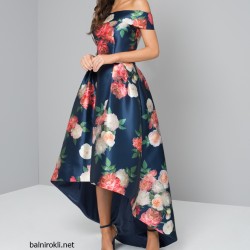 Асиметрична Тъмносиня Рокля Сатен Принт Рози