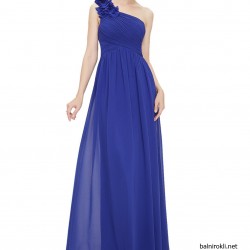 Абитуриентска Дълга Синя Рокля Едно Рамо Шифон 