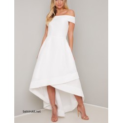 Асиметрична Бяла Бална Рокля Сатен Деколте