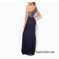 Елегантна Дълга Тъмносиня Рокля Дантела Едно Рамо Елегантна Дълга Тъмносиня Рокля Дантела Едно Рамо