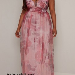 Бална Розова Дълга Рокля Многоцветен Принт Макси Размери