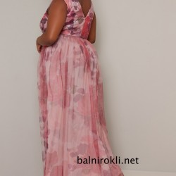 Бална Розова Дълга Рокля Многоцветен Принт Макси Размери