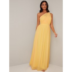 Бална Дълга Жълта Рокля Едно Рамо Шифон