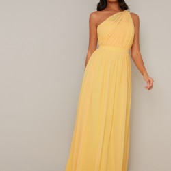 Бална Дълга Жълта Рокля Едно Рамо Шифон