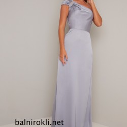 Бална Дълга Светлосиня Рокля Сатен Едно Рамо 