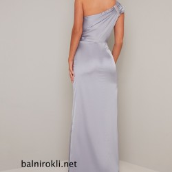 Бална Дълга Светлосиня Рокля Сатен Едно Рамо 