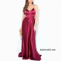 Бална Дълга Тъмночервена Рокля Сатен