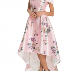 Асиметрична Официална Рокля Розов Сатен Флорален принт