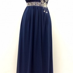 Бална Дълга Тъмносиня Абитуриентска Рокля от Шифон с Диаманти
