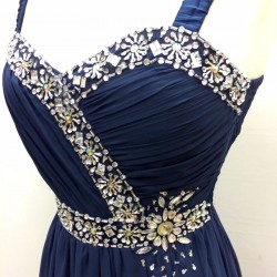 Бална Дълга Тъмносиня Абитуриентска Рокля от Шифон с Диаманти