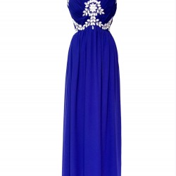 Бална Дълга Синя Рокля Шифон Диаманти