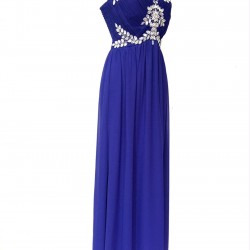 Бална Дълга Синя Рокля Шифон Диаманти