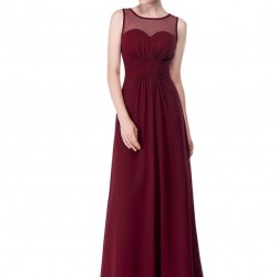 Бална Дълга Тъмночервена Рокля Шифон Прозрачен Панел