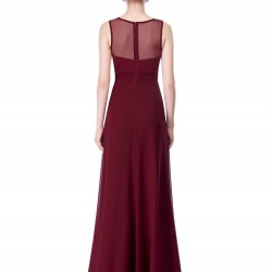 Бална Дълга Тъмночервена Рокля Шифон Прозрачен Панел